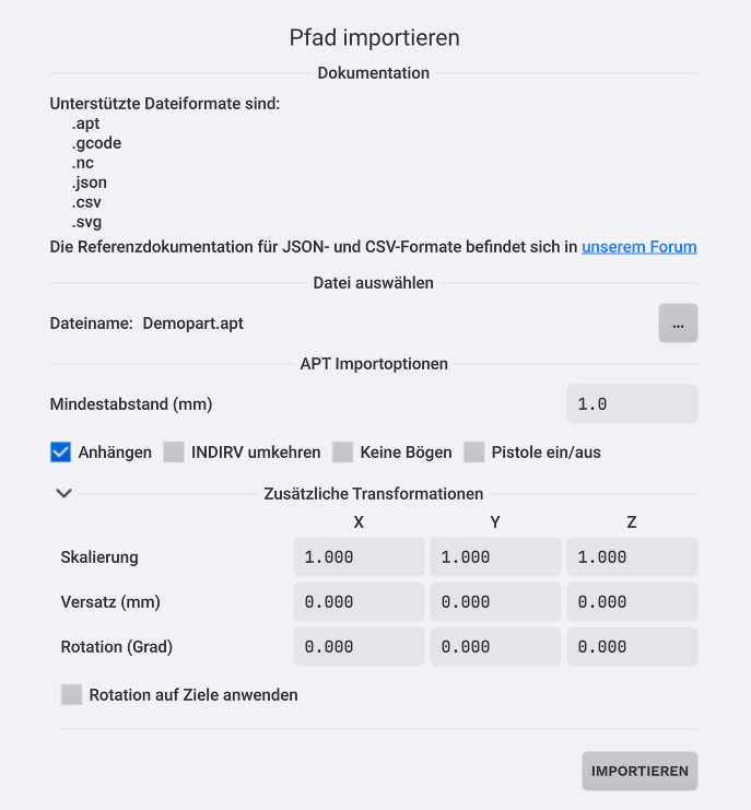 Dialogfeld Pfadimport