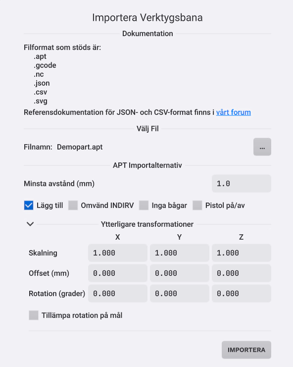 Dialog för import av bana